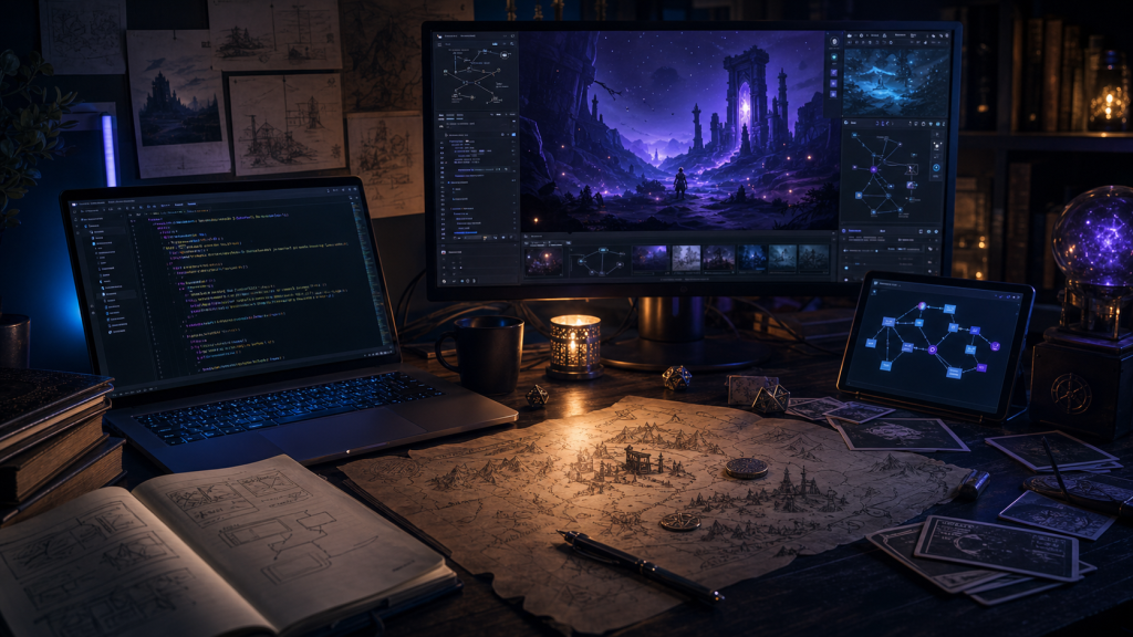 Abstract workspace visual connecting web development and narrative game design