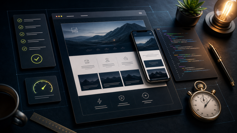 Abstract dark workspace visual for a starter website package