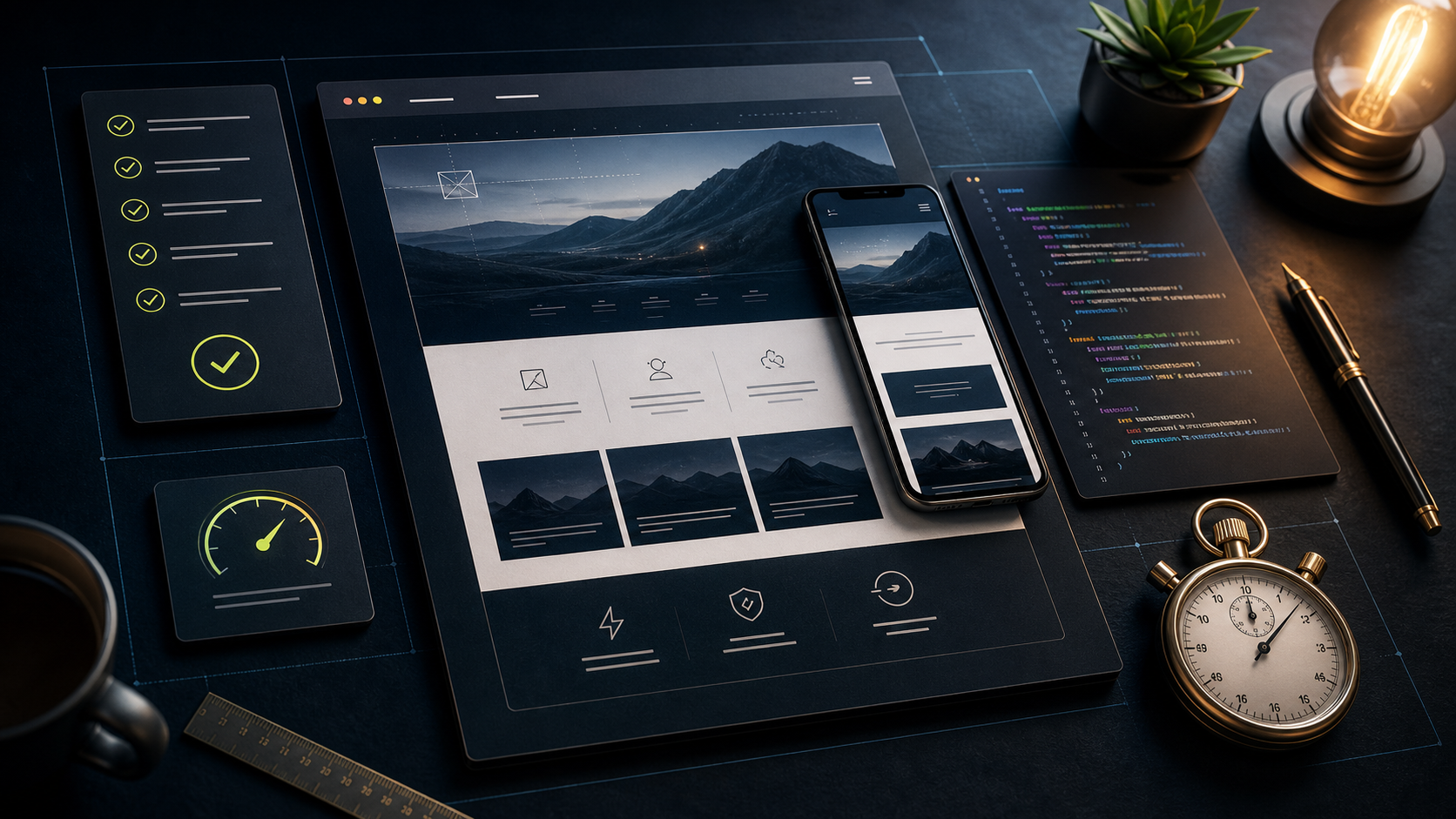 Abstract dark workspace visual for a starter website package