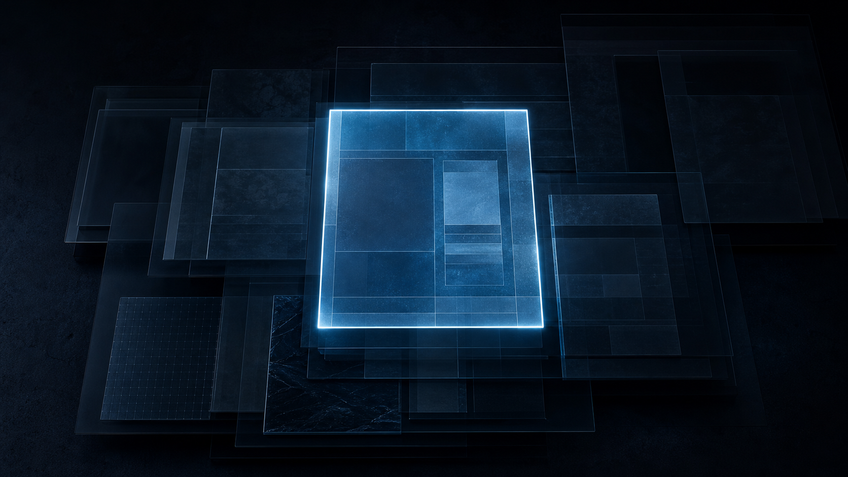 Top-down stacked translucent layers, most dim, one glowing