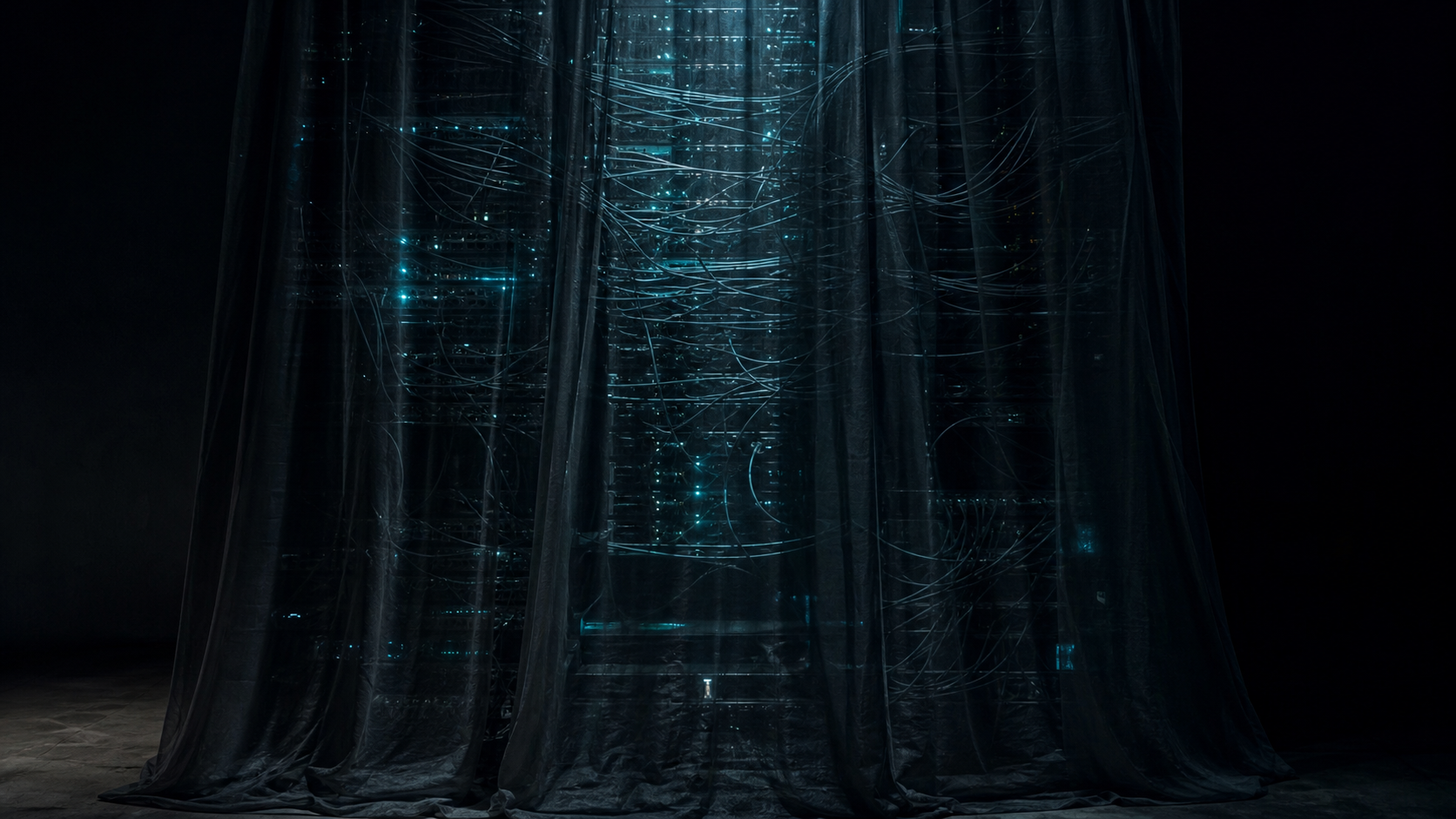 Wide dark scene of a crowded server rack behind a thin veil