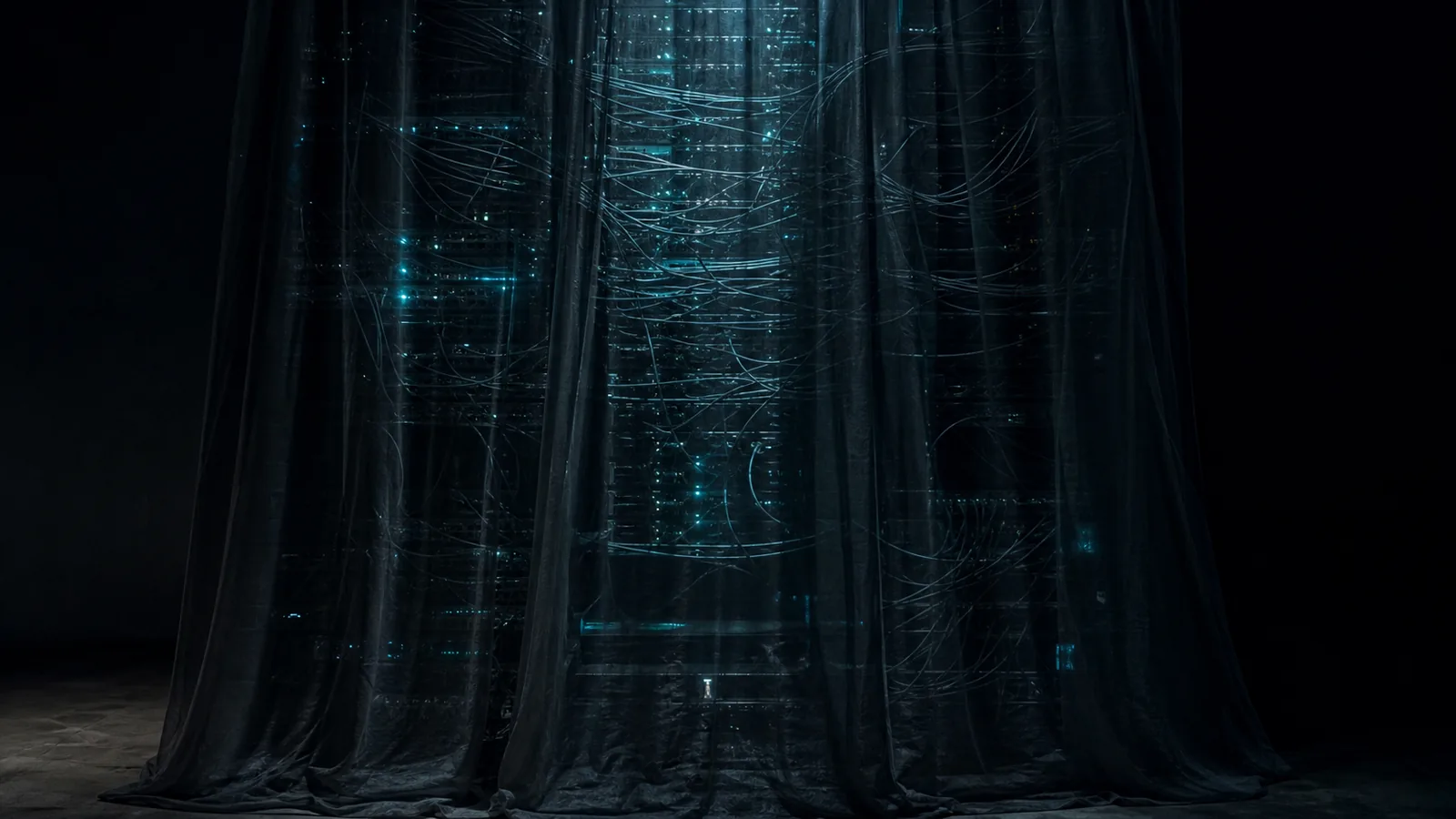 Wide dark scene of a crowded server rack behind a thin veil